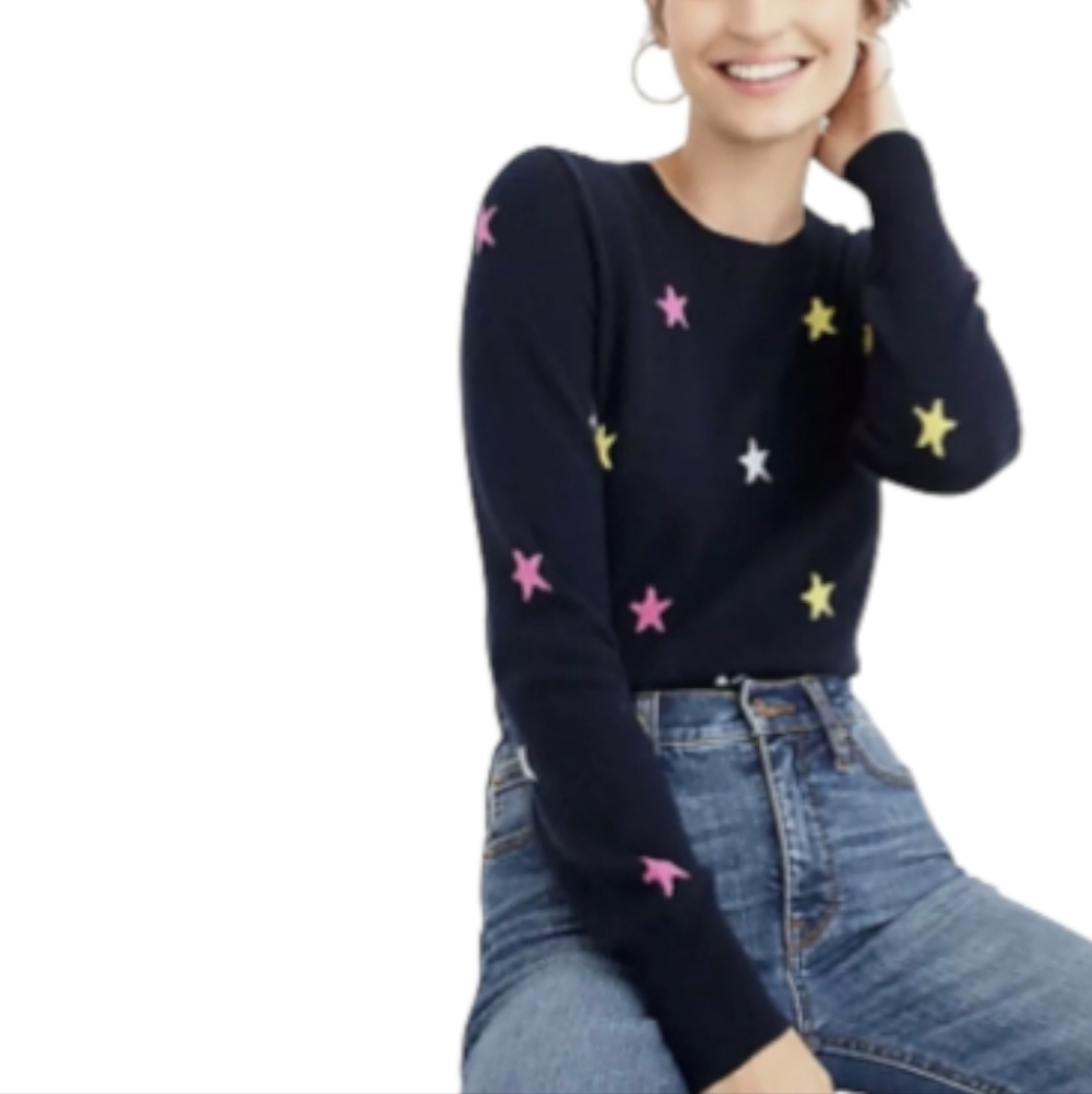 J. Crew Cashmere Sweater Navy Blue With a Yellow, Pink, White Star Pattern XS